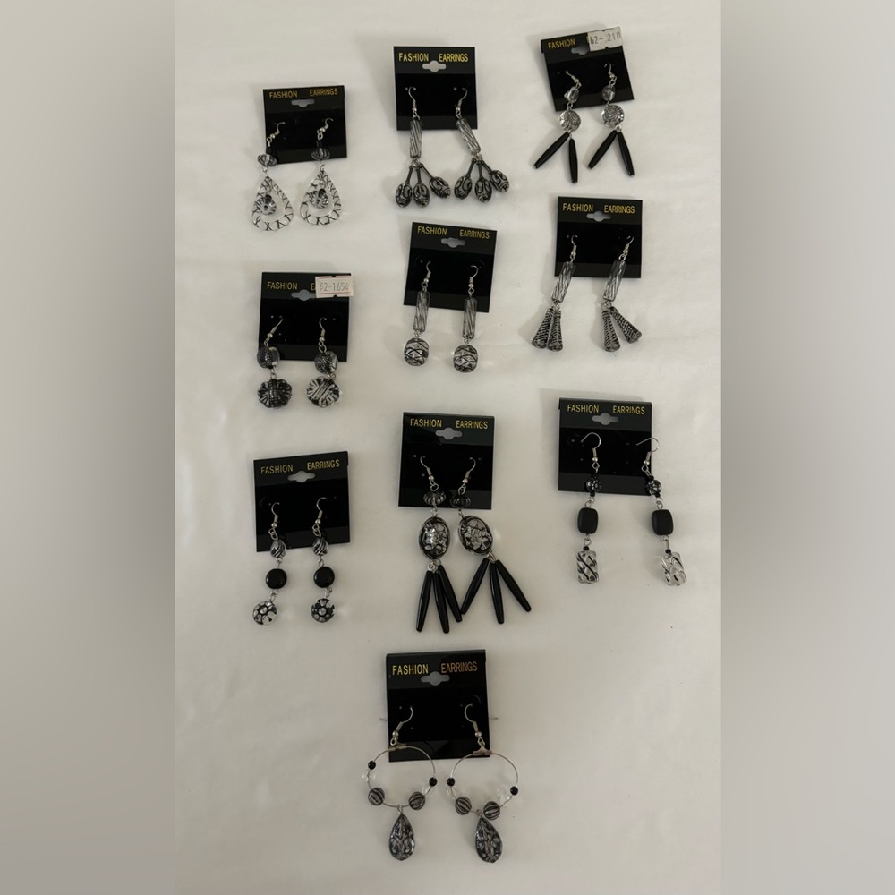 Black, Clear, and Silver Elegant Earrings Set of 10
